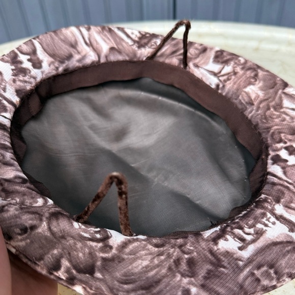 Vintage Cloche-Style Brown Printed Hat with Orange Ribbon and Bow, Medium Fit - Picture 9 of 10